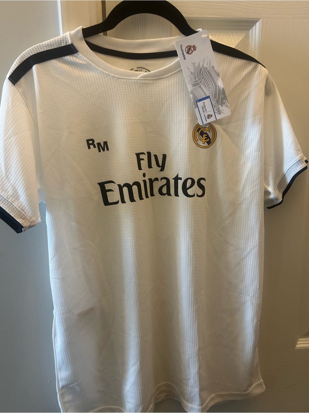 Real Madrid Fly Emirates Soccor  Kids' Home Jersey - White with Black Trim